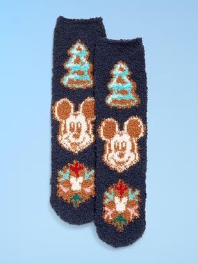 Old Navy Navy Fuzzy Socks with Brown, Cream, Turquoise and Red Holiday Motifs
